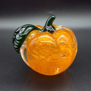Vintage Lenox Art Glass Pumpkin Paperweight‎ Orange Green Leaf Fall Decor